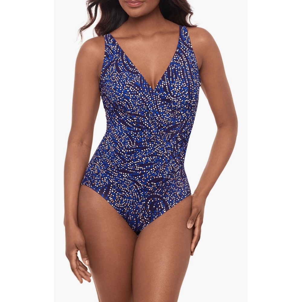 Miraclesuit One Piece Oceanus 20W Plum Multi Blue Abstract Ruched Slimming Swim